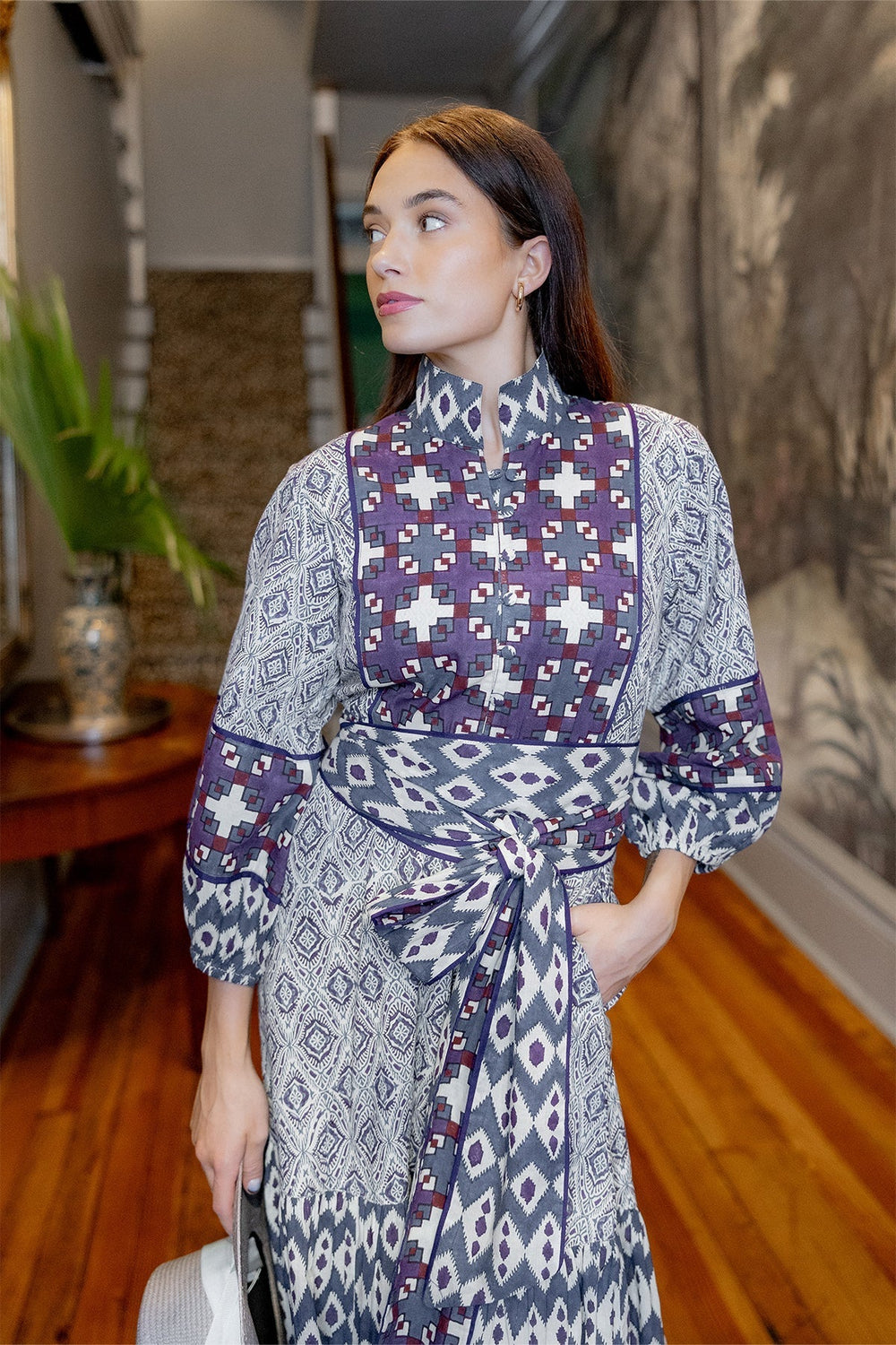 Sue Sartor Dress Paloma Flounce Dress in Burgundy / Aubergine Mosaic Ikat