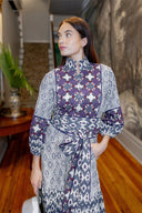 Sue Sartor Dress Paloma Flounce Dress in Burgundy / Aubergine Mosaic Ikat