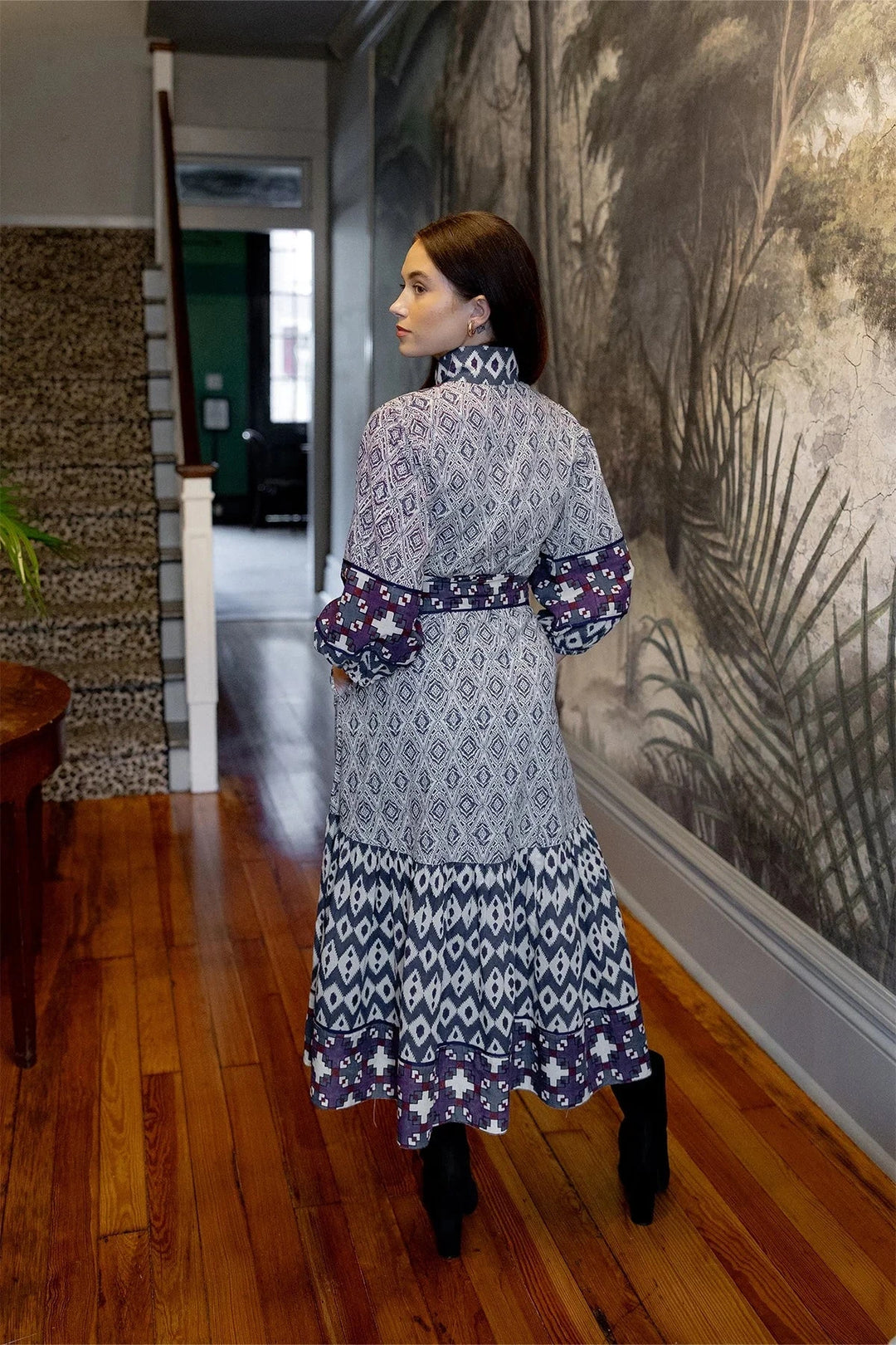 Sue Sartor Dress Paloma Flounce Dress in Burgundy / Aubergine Mosaic Ikat