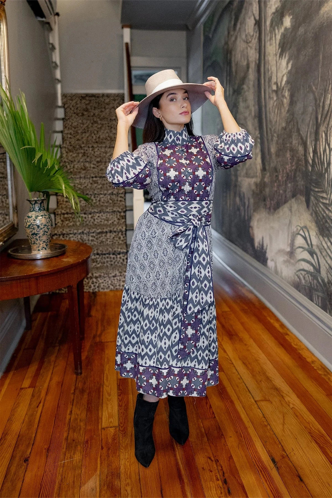 Sue Sartor Dress Paloma Flounce Dress in Burgundy / Aubergine Mosaic Ikat