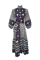 Sue Sartor Dress Paloma Flounce Dress in Burgundy / Aubergine Mosaic Ikat