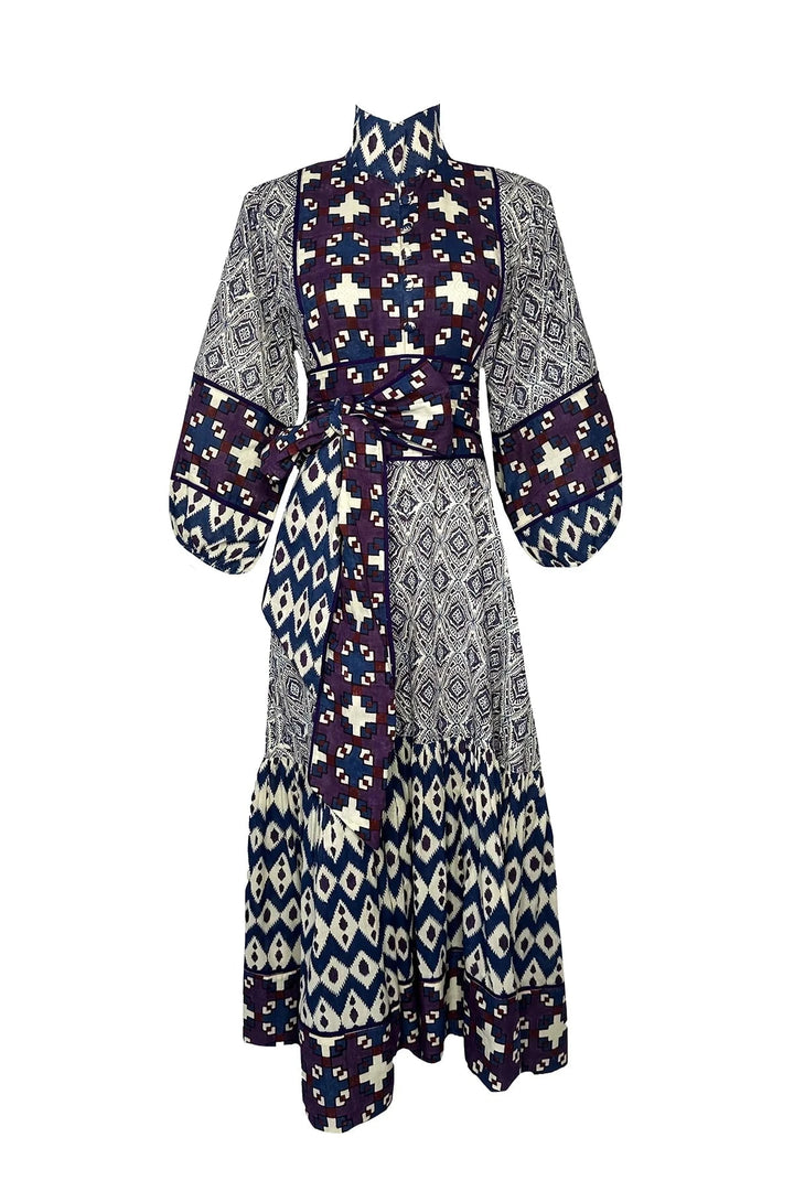 Sue Sartor Dress Paloma Flounce Dress in Burgundy / Aubergine Mosaic Ikat