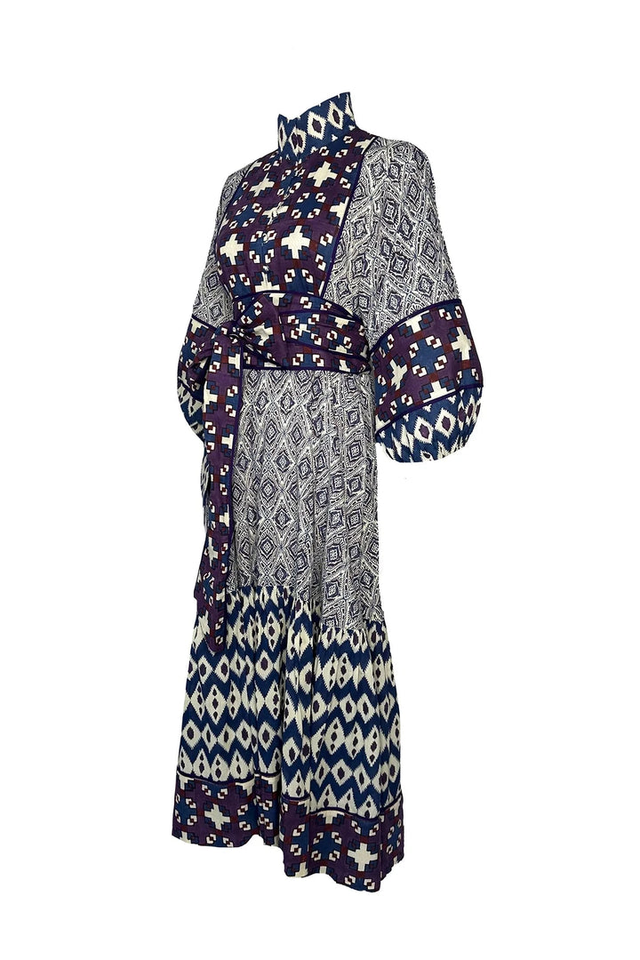 Sue Sartor Dress Paloma Flounce Dress in Burgundy / Aubergine Mosaic Ikat