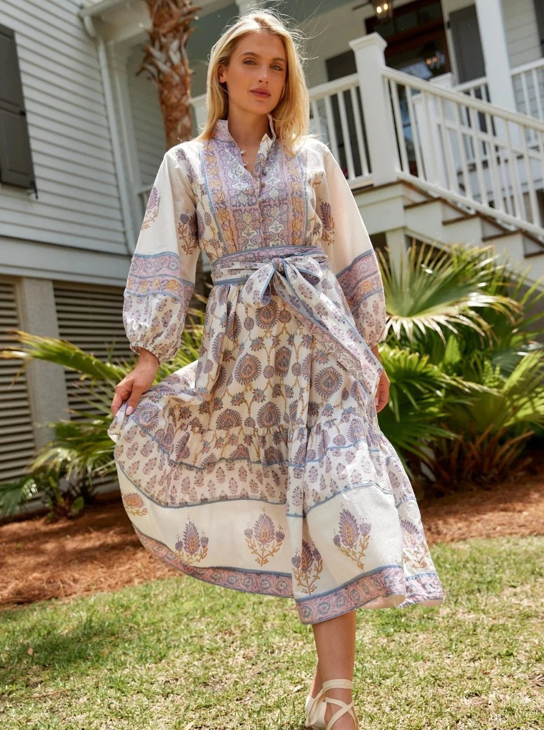 Sue Sartor Dress Paloma Flounce Dress in Lilac Mist Shield Palm