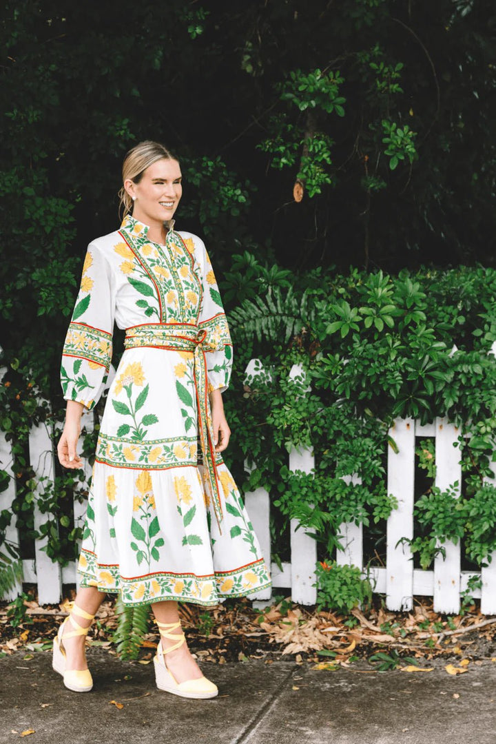 Sue Sartor Dress Paloma Flounce Dress in Sunshine Kelly Green Dahlia Garden print