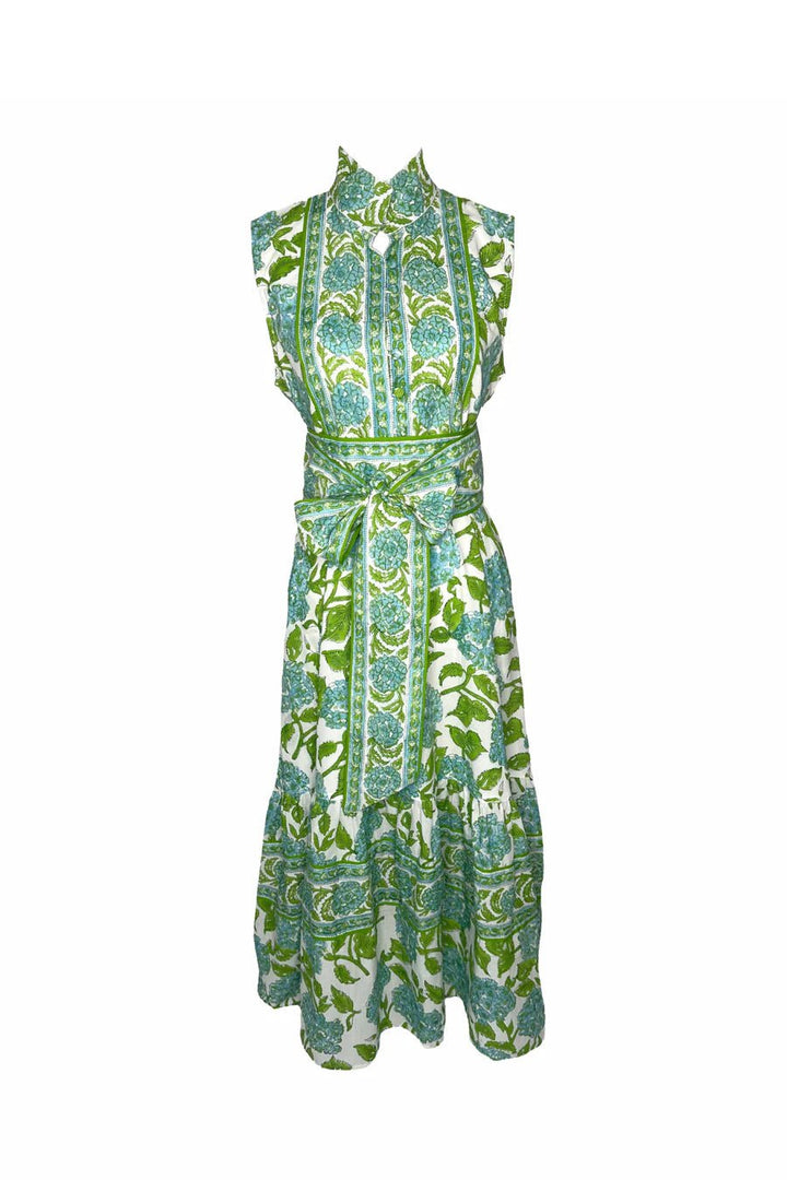 Sue Sartor Dress Sleeveless Flounce in Pool / Green Hydrangea