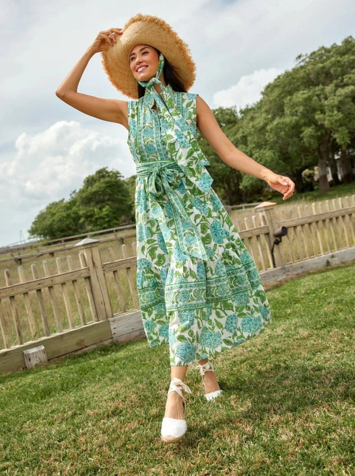 Sue Sartor Dress Sleeveless Flounce in Pool / Green Hydrangea