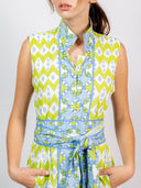 SUE SARTOR Dress Sleeveless Marrakech Kaftan | Sky/Kiwi Ikat