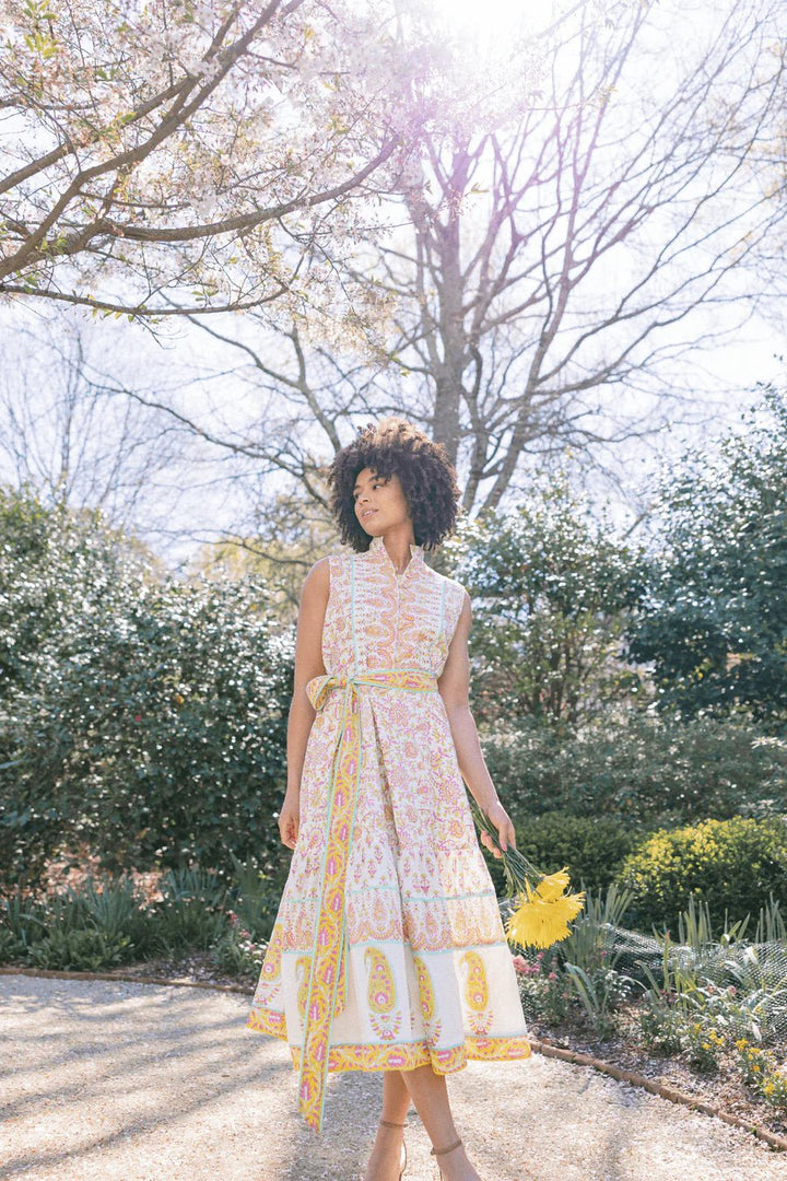 Sue Sartor Dress Sue Sartor | Flounce Sleeveless in Soft Pink, Saffron & Aqua Boteh Print