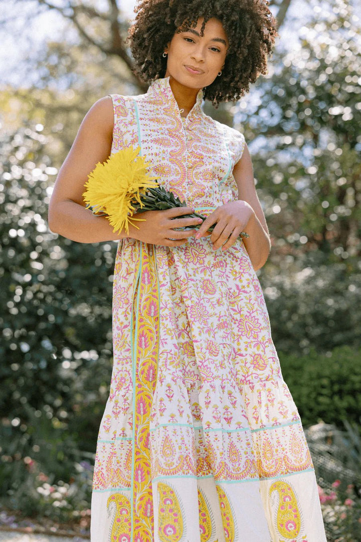 Sue Sartor Dress Sue Sartor | Flounce Sleeveless in Soft Pink, Saffron & Aqua Boteh Print