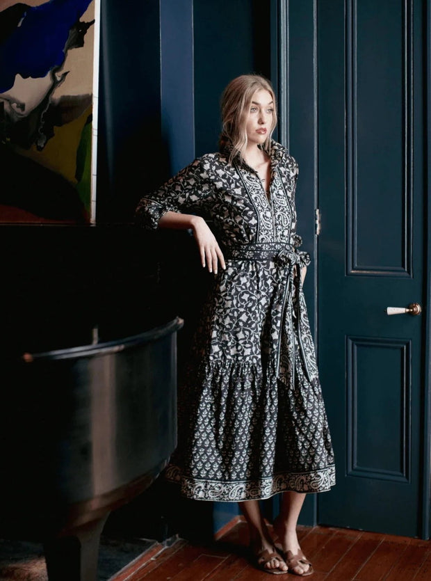 Sue Sartor Dress Sue Sartor | Paloma Flounce Dress in Black / Ivory Paisley Print