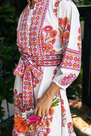 Sue Sartor Dress Sue Sartor | Paloma Flounce Dress in Happy Zinnias Summer Pink / Kumquat
