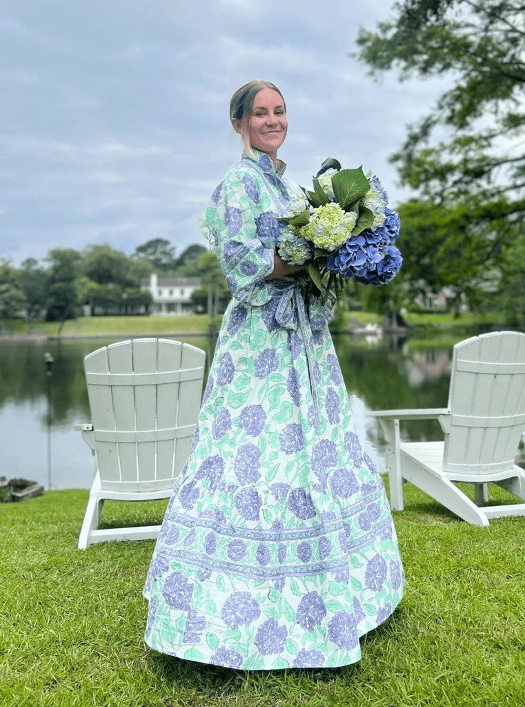 Paloma Flounce Dress in Nikko Blue Hydrangea Print