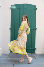 Sue Sartor Dress Sue Sartor | Paloma Flounce Dress in Pear / Melon Iris Daisy Frieze Print
