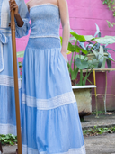SUE SARTOR Skirt SUE SARTOR Flounce Smocked Waist Skirt |  Blue/White Pinstripe Trellis Lace