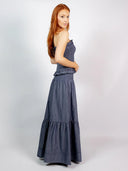 SUE SARTOR Skirt SUE SARTOR Flounce Smocked Waist Skirt | Indigo Chambray