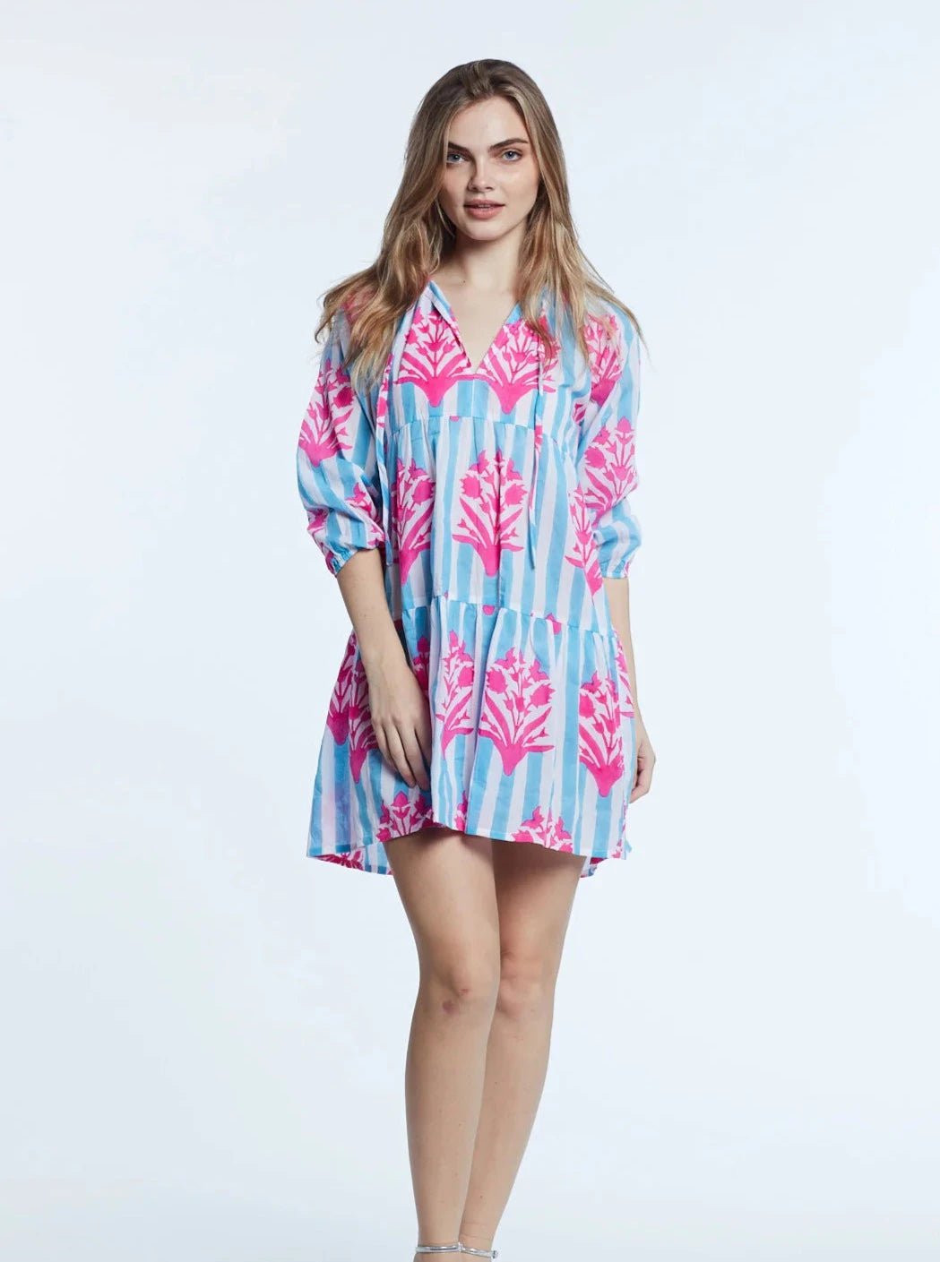 SZ Blockprints Dress Priya Dress in Hot Pink & Cornflower Blue