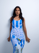 Verandah Dress Linen Summer Maxi Dress in Blue Stripe Hydrangea