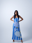 Verandah Dress Linen Summer Maxi Dress in Blue Stripe Hydrangea