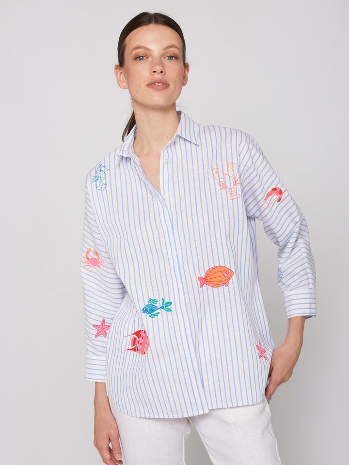 Vilagallo Top Louisa Shirt in Embroidered Blue Linen Stripe