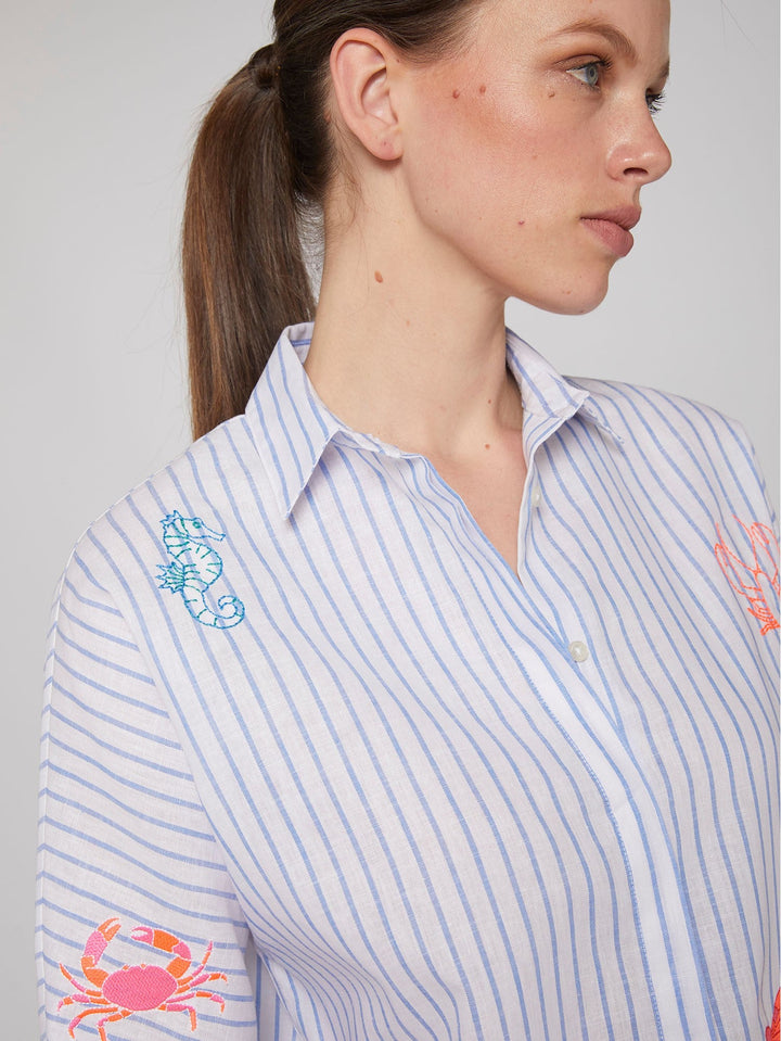 Vilagallo Top Louisa Shirt in Embroidered Blue Linen Stripe