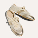 Yosi Samra Shoes Kiah Casual Sneaker in Cream Mesh and Metallic Gold Leather