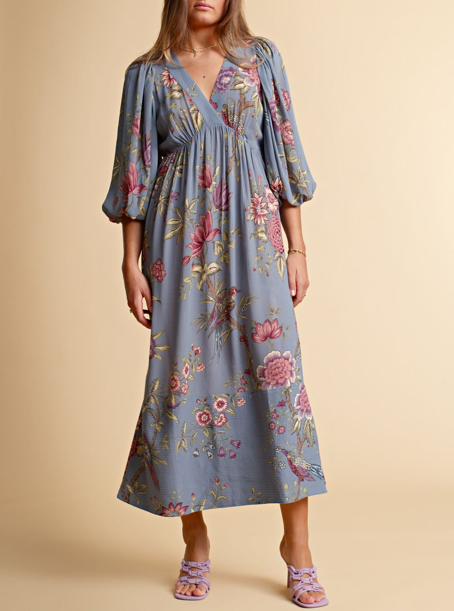 Drapy Georgette V Neck Dress in Botanical