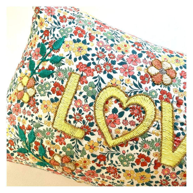 CSAO Houseware CSAO | 'LOVE' Embroidered Cushion in Yellow Multi Flower