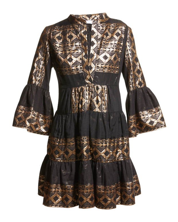 Lace Apparel Lace | Black Tiered Jacquard Bell Sleeve Mini Dress