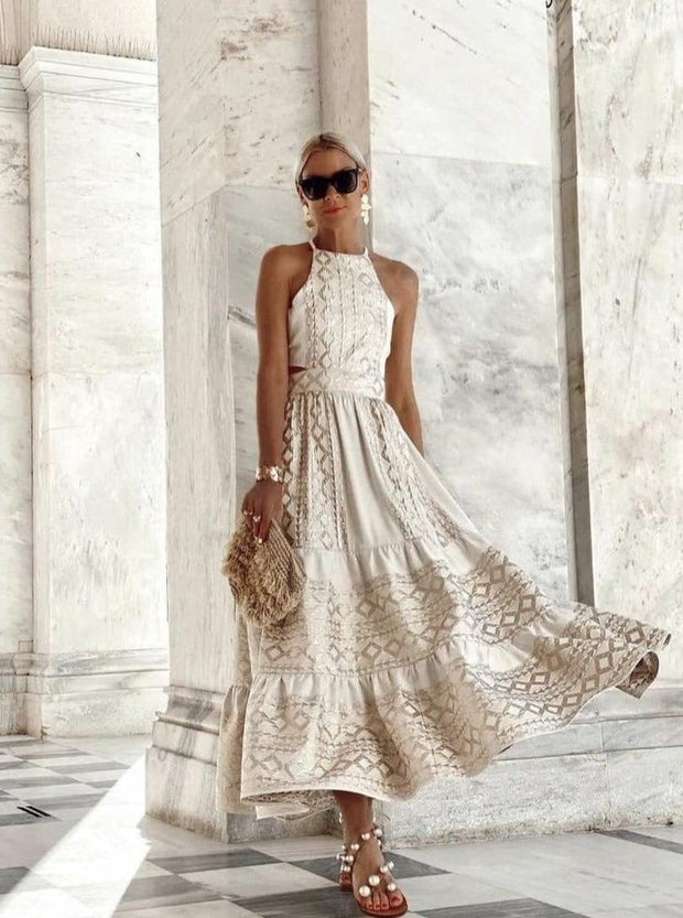 Lace Apparel Lace | Golden Geometric Print Halter Dress