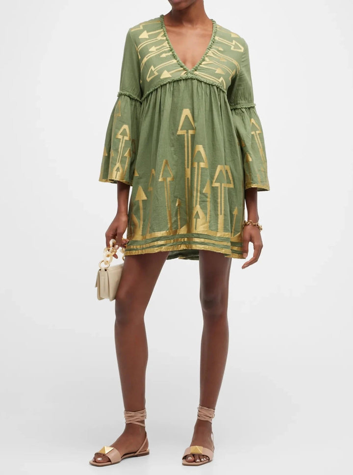 Lace Apparel Lace | Green Khaki Embroidered Bell-Sleeve Mini Dress