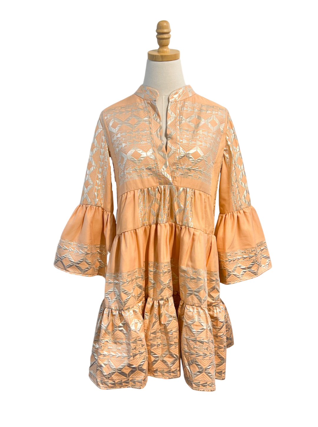 Lace Apparel Lace | Peach Tiered Jacquard Bell Sleeve Mini Dress