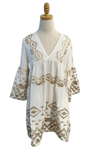 Lace Apparel Lace | White & Gold Long Bell Sleeve Mini Dress