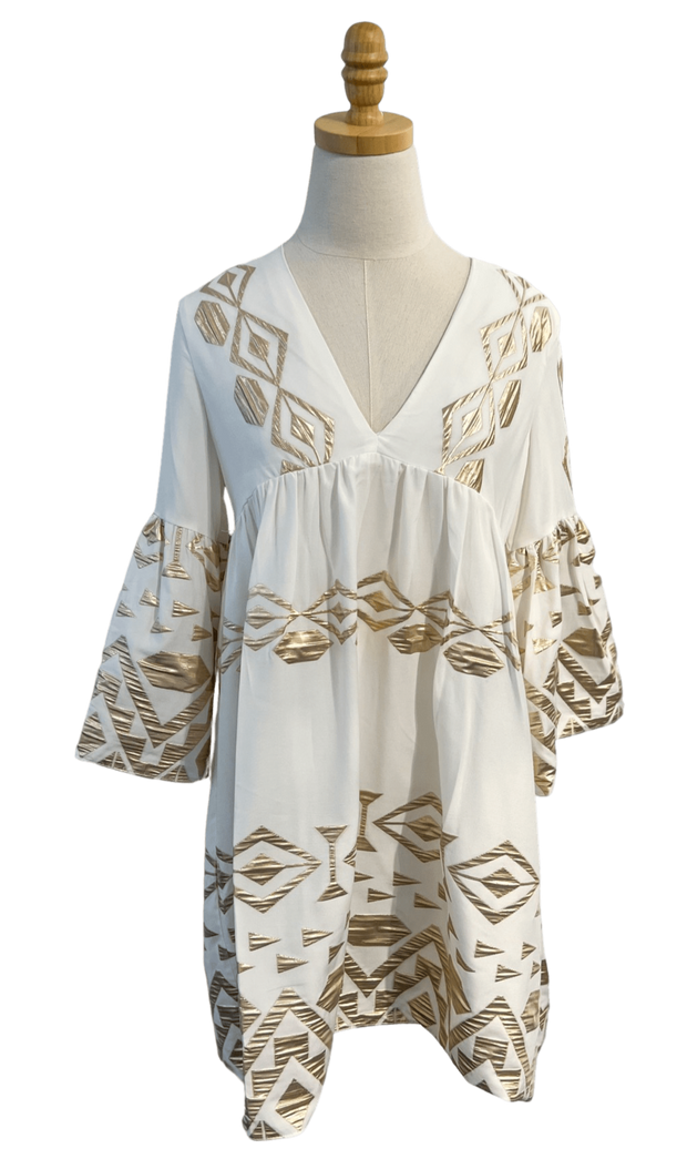 Lace Apparel Lace | White & Gold Long Bell Sleeve Mini Dress