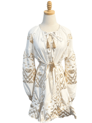 Lace Apparel Lace | White & Gold Long Sleeve Mini Dress with Tie Waist