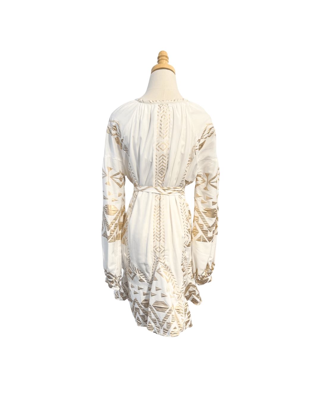 Lace Apparel Lace | White & Gold Long Sleeve Mini Dress with Tie Waist