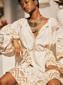 Lace Apparel Lace | White & Gold Long Sleeve Mini Dress with Tie Waist