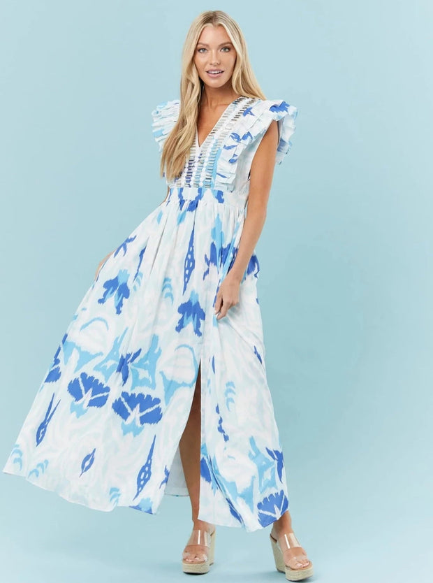 Sheridan French Apparel Sheridan French | Stacey Dress in Tulip Ikat White + Blues