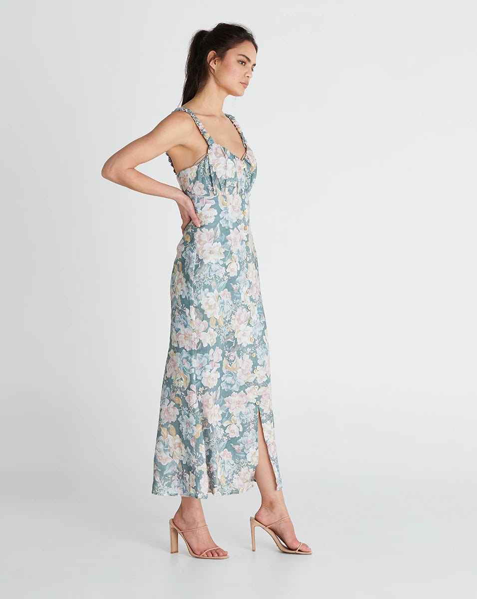 We Are Kindred Apparel We Are Kindred | Isobel Linen Gathered Sweetheart Midi Dress in Vintage Blossom
