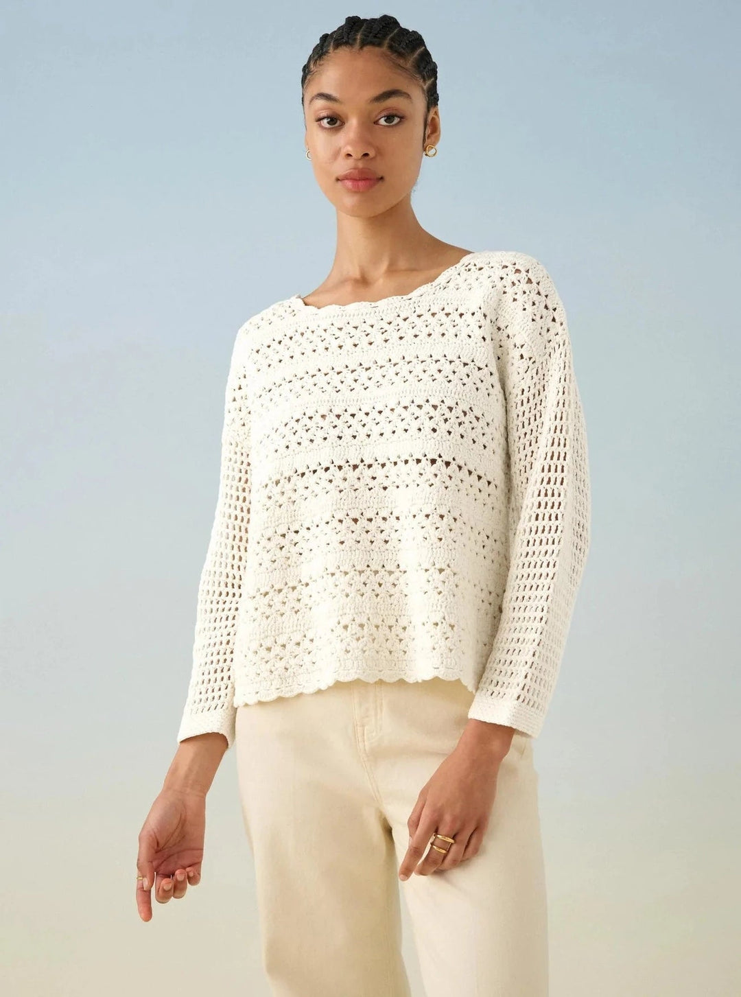 White + Warren Apparel White + Warren | White Mercerized Cotton Hand Crochet Pullover